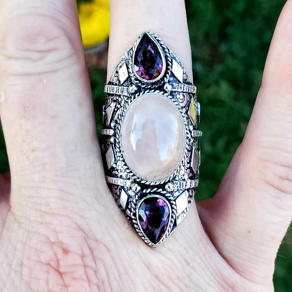 New Rose Quartz and Amethyst 925 Silver Statement Ring. - Picture 10 of 16